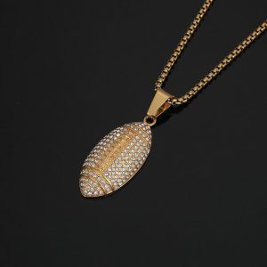 Hip-hop Jewelry Stainless Steel Gold Plated Diamond Embedded Football Pendant Necklace