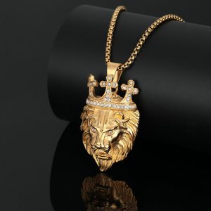 Stainless Steel Diamond-Embedded Crown Lion Head Pendant