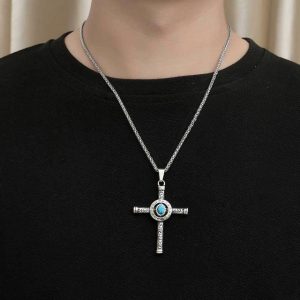 Titanium steel European and American pendant, noble scepter cross necklace, turquoise men's pattern pendant