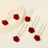 Retro Red Rose Hairpin with Needle, Hanfu Qipao Bun Hair Decoration U-shaped Hairpin - 图片 3