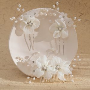 Bridal Headpiece Set, Faux Fabric Handmade Comb U-shaped Ponytail Hairpin White Veil Ceremony Accessories