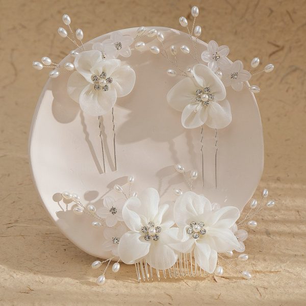 Bridal Headpiece Set, Faux Fabric Handmade Comb U-shaped Ponytail Hairpin White Veil Ceremony Accessories
