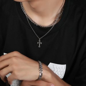 Vintage cross titanium Cuban chain necklace set, personalized double-layer necklace, hip-hop street collar chain, minimalist design