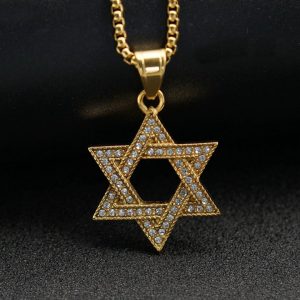 Stainless Steel Full Diamond Hexagram Pendant Necklace, Star of David Jewish Religious Ornament
