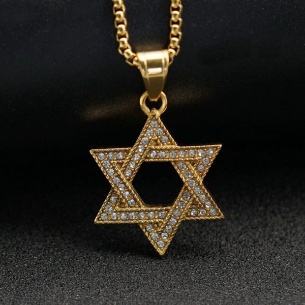 Stainless Steel Full Diamond Hexagram Pendant Necklace, Star of David Jewish Religious Ornament