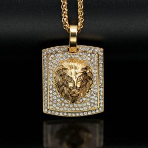 Hip-hop Jewelry Titanium Steel Gold Plated Lion Head Pendant with Full Diamonds