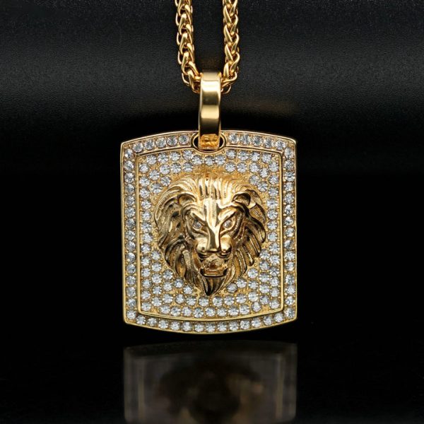 Hip-hop Jewelry Titanium Steel Gold Plated Lion Head Pendant with Full Diamonds