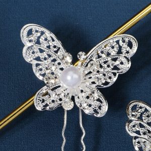 Dreamy Girl Headpiece Pearl Hairpin with Diamonds and U-shaped Hair Comb, Ancient Style Metal Lattice Butterfly Hairpin