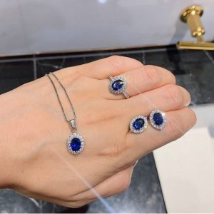European and American Style Blue Glass Cabochon Earrings, Necklace Jewelry Set