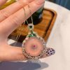 Pink Chalcedony Gold Pendant Round Peace Symbol Necklace for Elegant Ladies - 图片 2