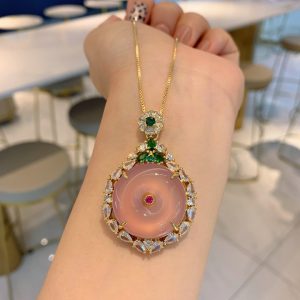 Pink Chalcedony Gold Pendant Round Peace Symbol Necklace for Elegant Ladies