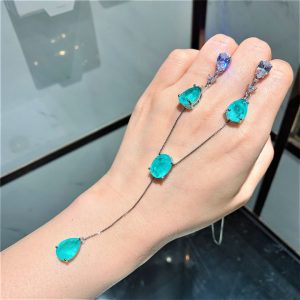 Fashion Jewelry Simulated Colorful Gemstone European-Style Inlaid Fake Paraiba Earrings and Pendant Set, 10*14mm Choker Necklace