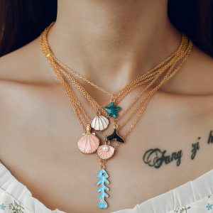 Multi-layer necklace summer cartoon fresh shell pearl jewelry starfish pendant fish bone necklace