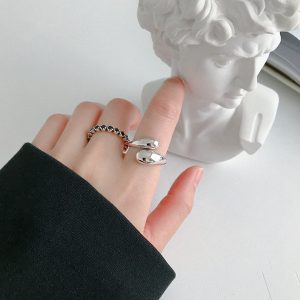 韩版S925纯银戒指冷淡风极简光面水滴开口女戒指气质银指环