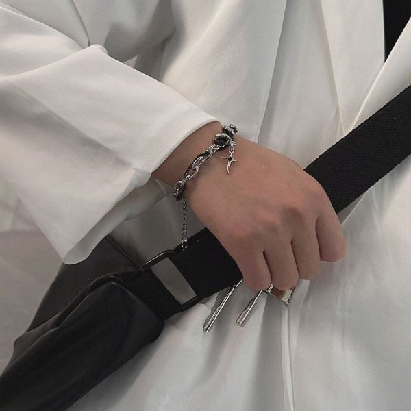 Titanium Steel Black Diamond Star Body Winding Bracelet for Men and Women