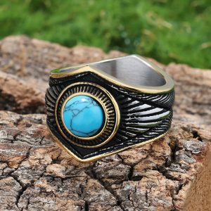 European and American retro blue turquoise eight-point star personality Indian style stainless steel ring turquoise jewelry wholesale