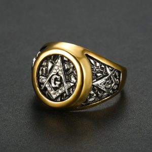 AG Ring, Streetwear Trendy Gold Masonic White Diamond Ring, Stainless Steel Vintage Ring